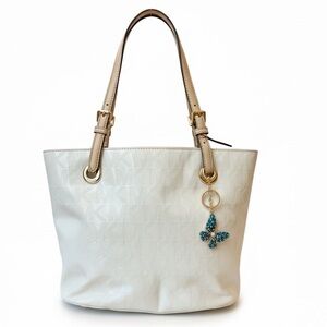 Michael Kors White Patent Leather Monogram Tote with Butterfly Accent Charm